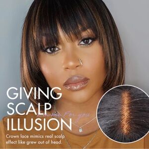 Natural Black and Brown Human Hair Lace Bob Wig - 12 inch